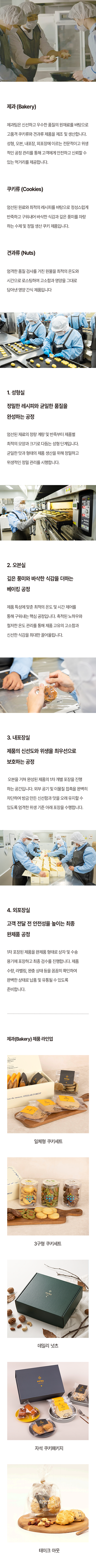 제과(Bakery) 사업 소개. 위생복을 입은 직원들이 쿠키 성형, 오븐 작업, 개별 포장과 상자 포장을 수행하는 모습 및 제품 사진. 제조 공정, 제품 라인업, 위생 관리와 직무별 업무에 관한 자세한 내용은 이미지 아래 텍스트 설명을 참고하세요.